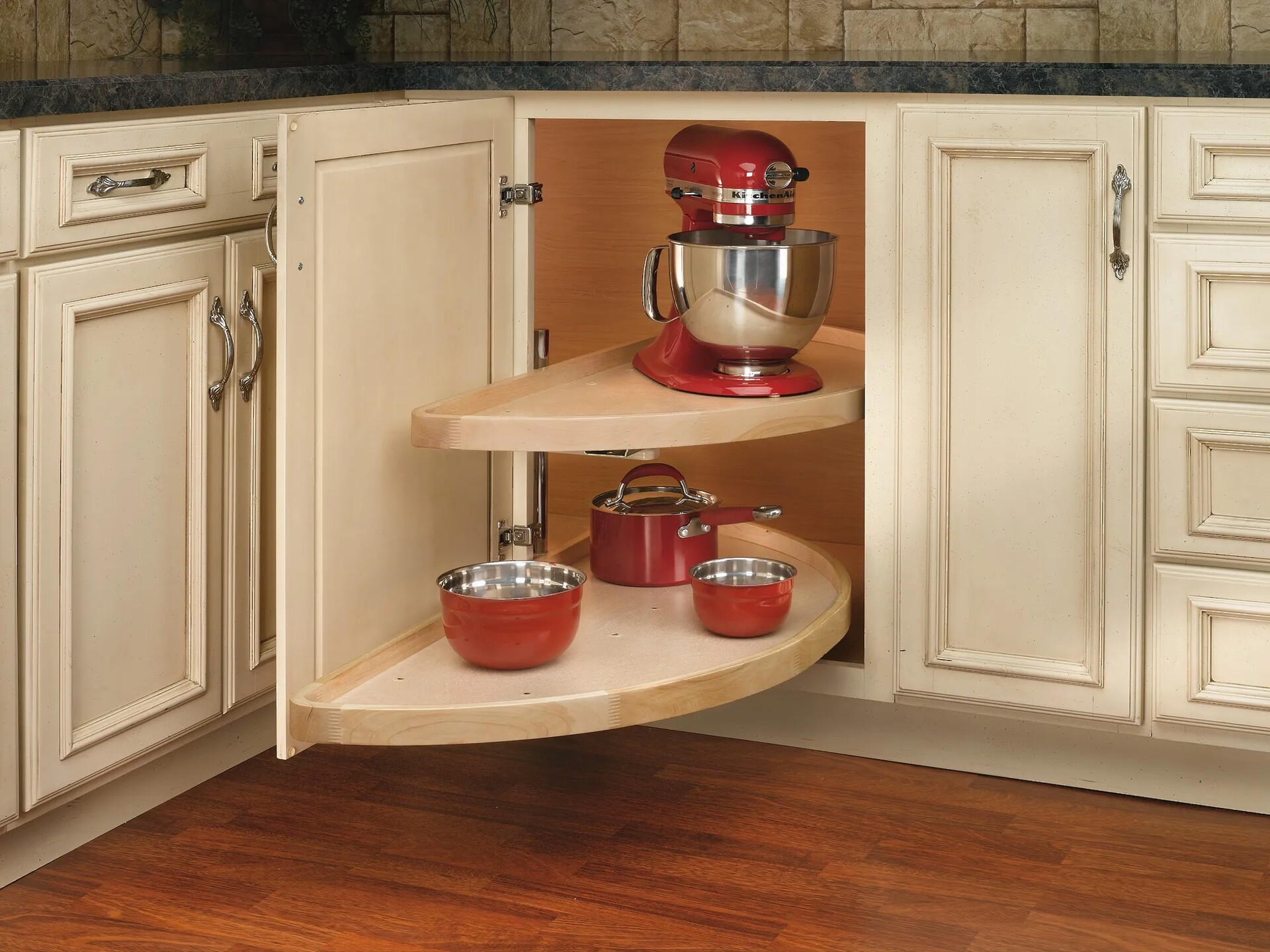 Rev-A-Shelf - 15" x 35" Lazy Susan Half-Moon Wood 2 Shelf (Pivot and Slide)