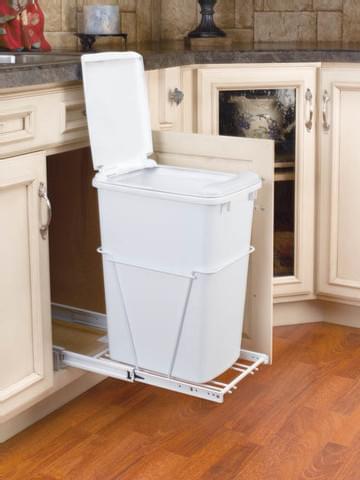 Rev-A-Shelf - 10-5/8" Single White 35qt Bottom Mount w/ Lid REDUCED Depth White Wire Waste Containers