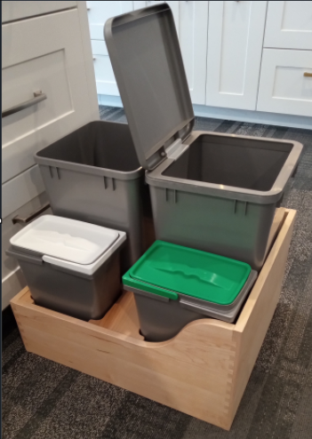 18 Inch Canadian Maple Waste/Recycle Pullouts with double 27 Quart and double 8 Quart Gray Containers 