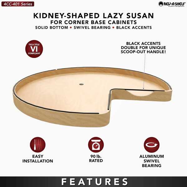 28" Craftsman Collection Solid Maple Kidney-Shaped Lazy Susan for Corner Base Cabinets w/ Swivel Bearing and Black Accents