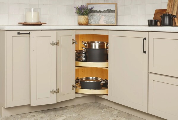 28" Craftsman Collection Solid Maple Kidney-Shaped Lazy Susan for Corner Base Cabinets w/ Swivel Bearing and Black Accents