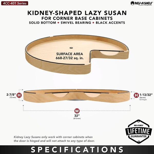 32" Craftsman Collection Solid Maple Kidney-Shaped Lazy Susan for Corner Base Cabinets w/ Swivel Bearing and Black Accents