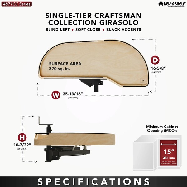 Maple Single-Tier Craftsman Collection Girasolo w/ Soft-Close and Black Accents for 15" Right Opening/Blind Left Corner Cabinet