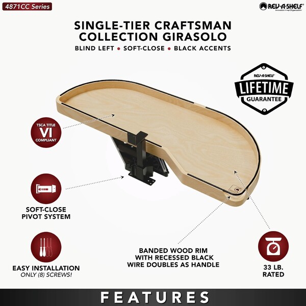 Maple Single-Tier Craftsman Collection Girasolo w/ Soft-Close and Black Accents for 15" Right Opening/Blind Left Corner Cabinet