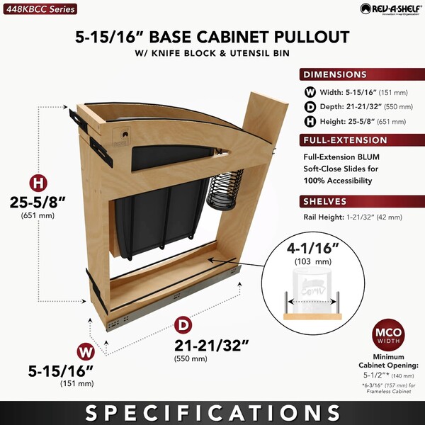 5" Craftsman Collection Solid Maple Knife Block Pullout Organizer w/ Black Accents and BLUM Soft-Close Slides 