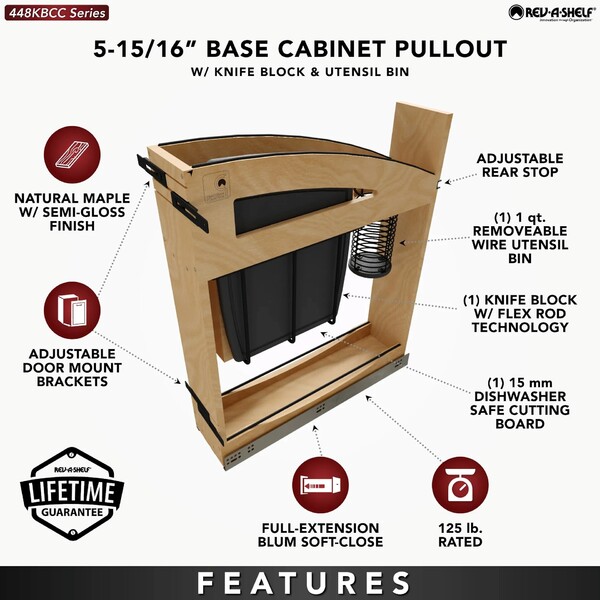 5" Craftsman Collection Solid Maple Knife Block Pullout Organizer w/ Black Accents and BLUM Soft-Close Slides 