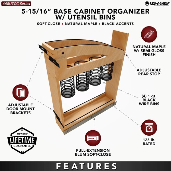 5" Craftsman Collection Solid Maple Utensil Pullout Organizer w/ Black Accents and BLUM Soft-Close Slides