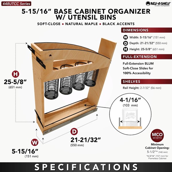 5" Craftsman Collection Solid Maple Utensil Pullout Organizer w/ Black Accents and BLUM Soft-Close Slides
