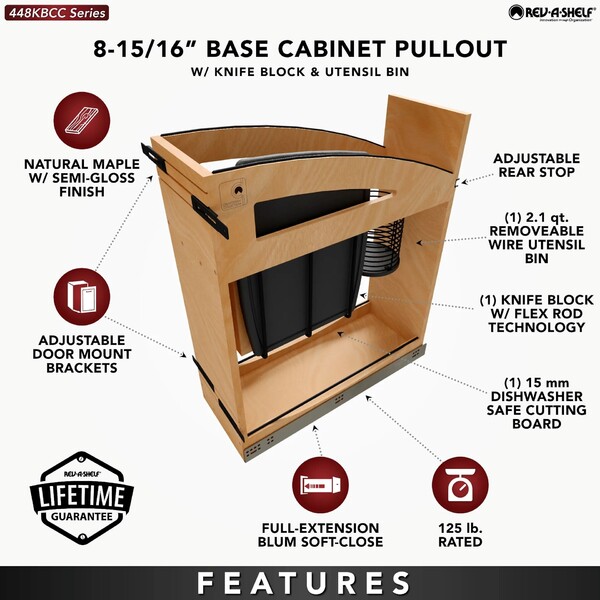 8" Craftsman Collection Solid Maple Knife Block Pullout Organizer w/ Black Accents and BLUM Soft-Close Slides 