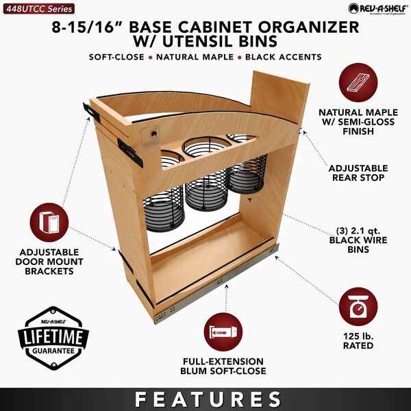 8" Craftsman Collection Solid Maple Utensil Pullout Organizer w/ Black Accents and BLUM Soft-Close Slides