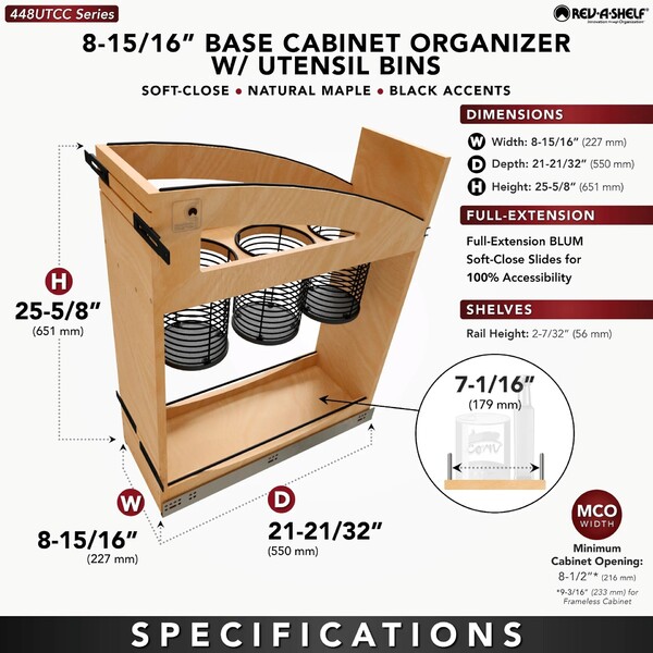 8" Craftsman Collection Solid Maple Utensil Pullout Organizer w/ Black Accents and BLUM Soft-Close Slides