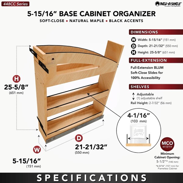 9" Craftsman Collection Solid Maple Base Cabinet Pullout Organizer w/ Black Accents and BLUM Soft-Close Slides