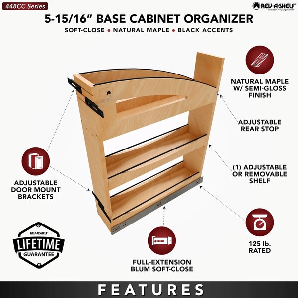 9" Craftsman Collection Solid Maple Base Cabinet Pullout Organizer w/ Black Accents and BLUM Soft-Close Slides