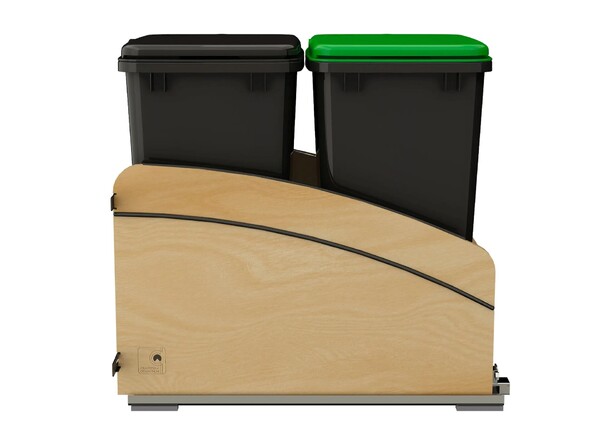 Double Black 35 Qt. Craftsman Collection Solid Maple Bottom Mount Pullout Waste Container w/ Black Accents, (2) Lids and BLUM Soft-Close Slides