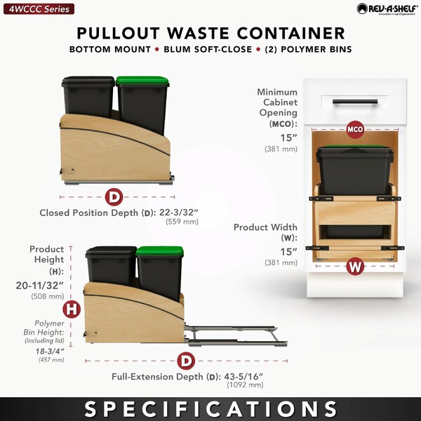 Double Black 35 Qt. Craftsman Collection Solid Maple Bottom Mount Pullout Waste Container w/ Black Accents, (2) Lids and BLUM Soft-Close Slides