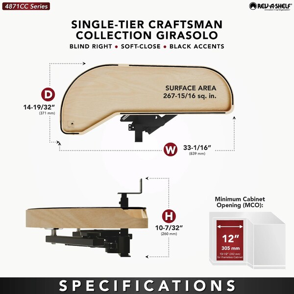 Maple Single-Tier Craftsman Collection Girasolo w/ Soft-Close and Black Accents for 12" Left Opening/Blind Right Corner Cabinet