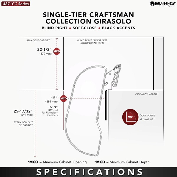 Maple Single-Tier Craftsman Collection Girasolo w/ Soft-Close and Black Accents for 15" Left Opening/Blind Right Corner Cabinet