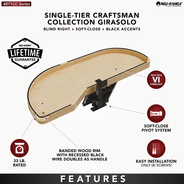 Maple Single Tier Craftsman Collection Girasolo w/ Soft-Close and Black Accents for 18" Left Opening/Blind Right Corner Cabinet