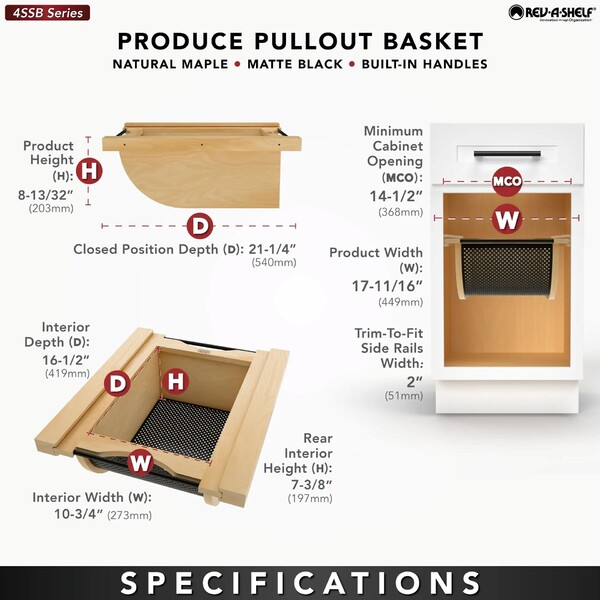 Natural Maple/Black Produce Basket for 18" Base Cabinets