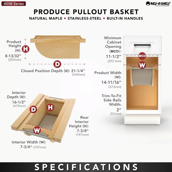 Natural Maple/Stainless-Steel Produce Basket for 15" Base Cabinets