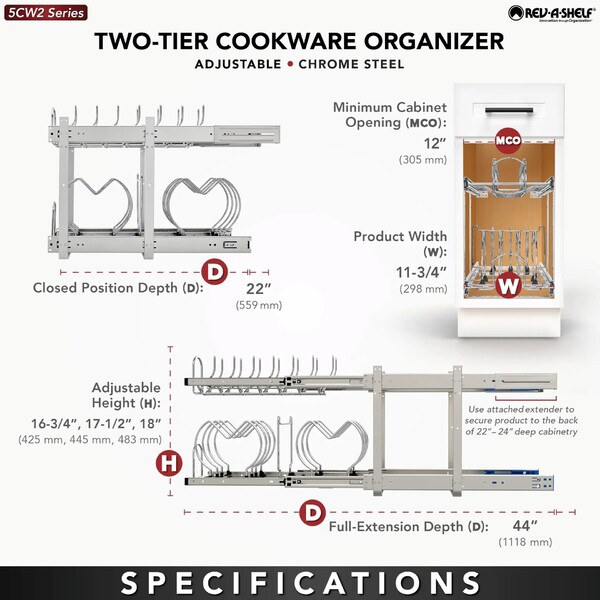Rev-A-Shelf - 11-3/4" x 22" Base Cabinet Pullout 2 Tier Cookware Organizer with Soft-Close Slides