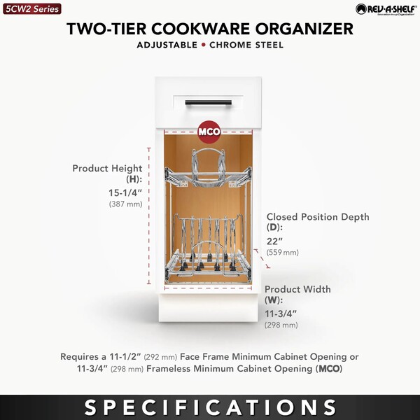 Rev-A-Shelf - 11-3/4" x 22" Base Cabinet Pullout 2 Tier Cookware Organizer with Soft-Close Slides