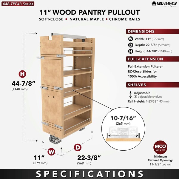 Rev-A-Shelf - 11" x 43" Maple Pullout Wood Tall/Pantry Accessories