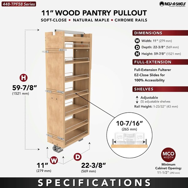 Rev-A-Shelf - 11" x 58" Maple Pullout Wood Tall/Pantry Accessories