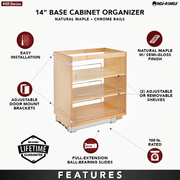Rev-A-Shelf - 14" Maple Base Cabinet Pullout Organizer with Ball-Bearing Slides
