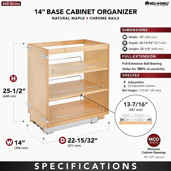 Rev-A-Shelf - 14" Maple Base Cabinet Pullout Organizer with Ball-Bearing Slides