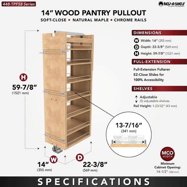 Rev-A-Shelf - 14" x 58" Maple Pullout Wood Tall/Pantry Accessories