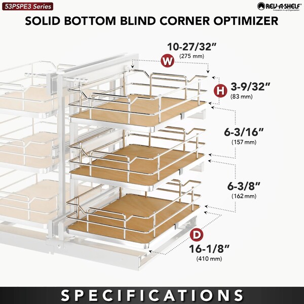 Rev-A-Shelf - 15" Maple Pullout Soft-Close Three-Tier Wire Solid Bottom Pull-Slide-Pull
