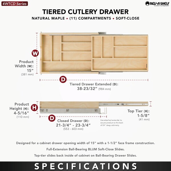 Rev-A-Shelf - 15" Opening - Complete System Two-Tier Soft-Close Cutlery Organizer