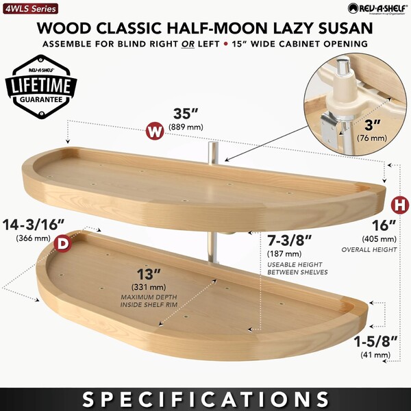 Rev-A-Shelf - 15" x 35" Lazy Susan Half-Moon Wood 2 Shelf (Pivot and Slide)
