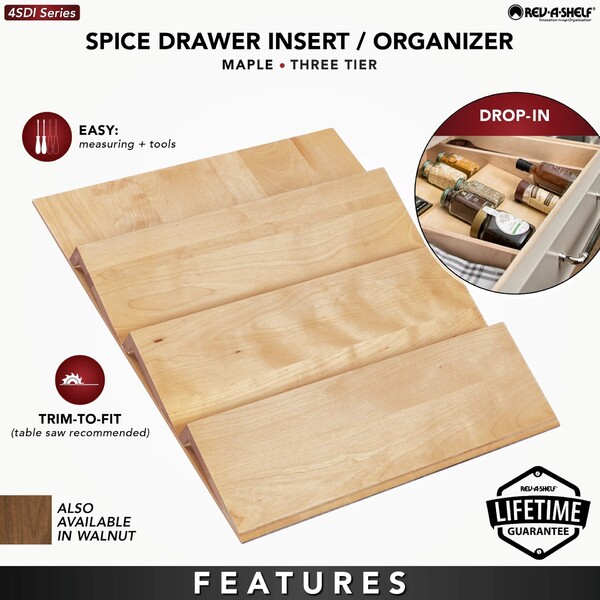 Rev-A-Shelf - 16" Maple Cut-To-Size Insert Wood Spice Organizer for Drawers