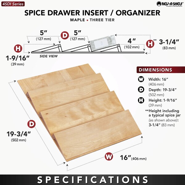 Rev-A-Shelf - 16" Maple Cut-To-Size Insert Wood Spice Organizer for Drawers
