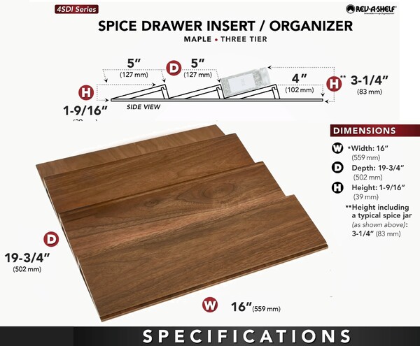 Rev-A-Shelf - 16" Walnut Cut-To-Size Insert Wood Spice Organizer for Drawers