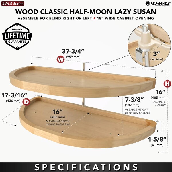 Rev-A-Shelf - 18" x 38" Lazy Susan Half-Moon Wood 2 Shelf (Pivot and Slide)
