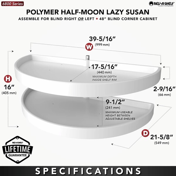 Rev-A-Shelf - 19-1/4" x 39" White Lazy Susan Half-Moon 2 Shelf (Pivot and Slide)