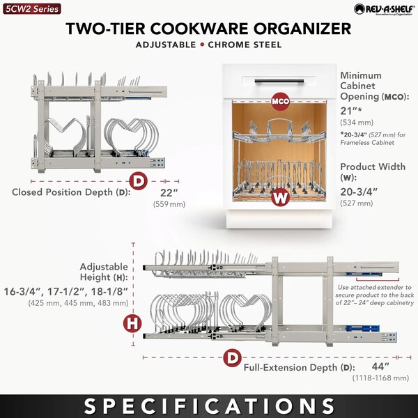 Rev-A-Shelf - 20-3/4" x 22" Base Cabinet Pullout 2 Tier Cookware Organizer