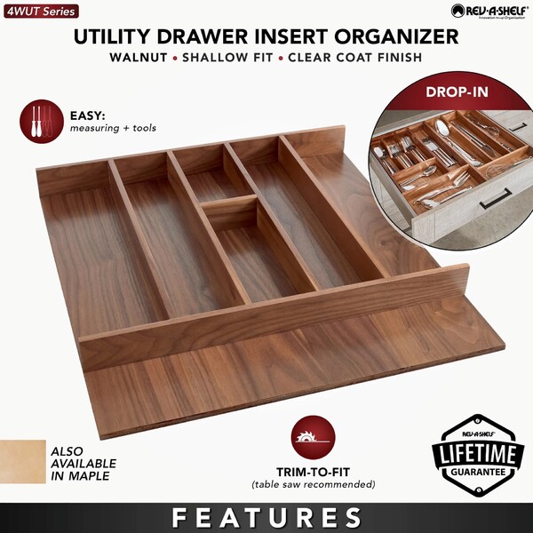 Rev-A-Shelf - 21-1/8" Walnut Cut-To-Size Insert Wood Utility Organizer for Drawers