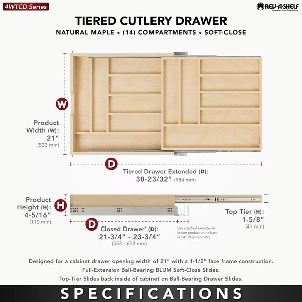 Rev-A-Shelf - 21" Opening - Complete System Two-Tier Soft-Close Cutlery Organizer