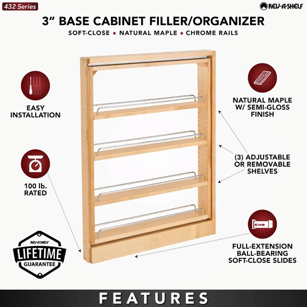 Rev-A-Shelf - 3" Filler Pullout Organizer with Ball Bearing Soft-Close