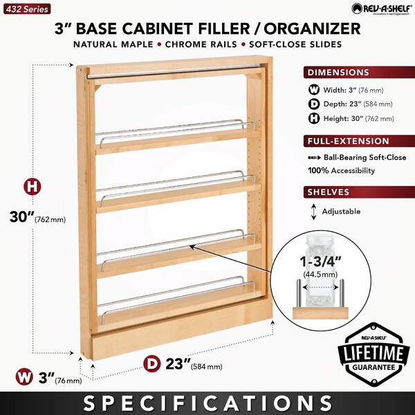 Rev-A-Shelf - 3" Filler Pullout Organizer with Ball Bearing Soft-Close