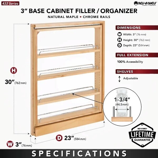 Rev-A-Shelf - 3" Filler Pullout Organizer with Wood Adjustable Shelves