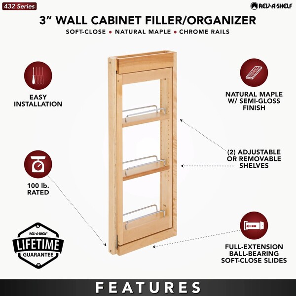 Rev-A-Shelf - 3" x 30" Soft-Close Filler Pullout Organizer with Wood Adjustable Shelves Wall Accessories