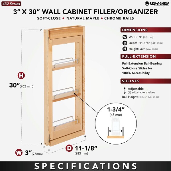 Rev-A-Shelf - 3" x 30" Soft-Close Filler Pullout Organizer with Wood Adjustable Shelves Wall Accessories
