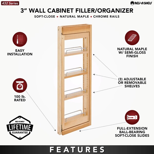 Rev-A-Shelf - 3" x 33" Soft-Close Filler Pullout Organizer with Wood Adjustable Shelves Wall Accessories
