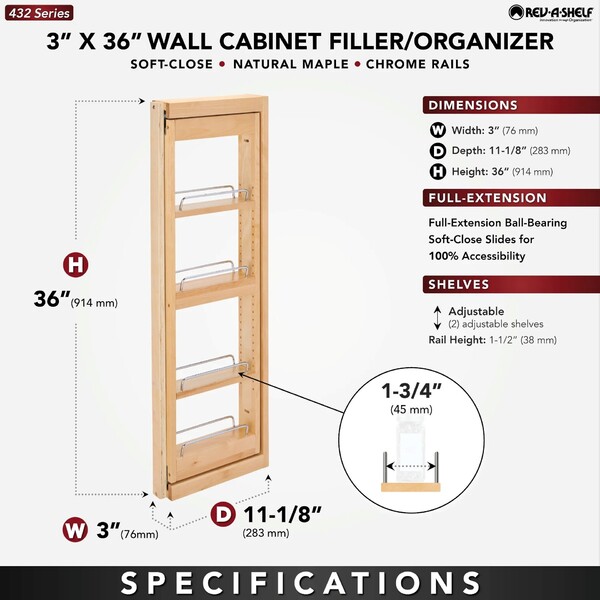 Rev-A-Shelf - 3" x 36" Soft-Close Filler Pullout Organizer with Wood Adjustable Shelves Wall Accessories