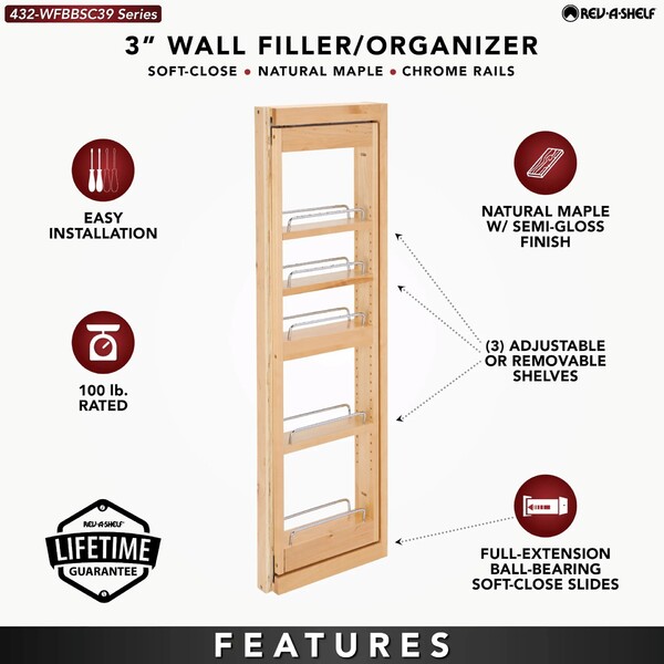 Rev-A-Shelf - 3" x 39" Soft-Close Filler Pullout Organizer with Wood Adjustable Shelves Wall Accessories